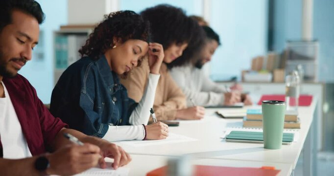 Exam, college and students in class writing with test, paper and assessment in university at school. Study, thinking and people with education for answer, quiz or question for learning evaluation