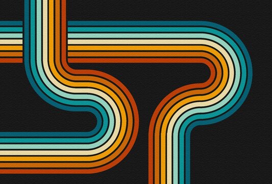 Retro geometric pattern with smooth curved tube like lines in a 70s style. Shades of turquoise, amber, terracotta, cream, saffron, and black. Canvas like texture adds a nostalgic, bold vibe.