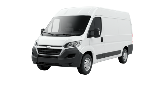 A sleek, modern, white delivery van with black grille, bright headlights, and prominent side mirrors, isolated on a clean white plain with ample copy space, illuminated by soft studio lighting with