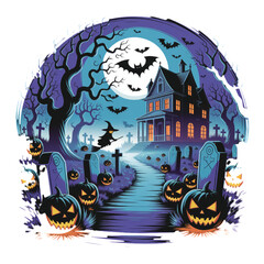 Spooky Haunted Mansion Graveyard Scene With Witch And Pumpkins halloween