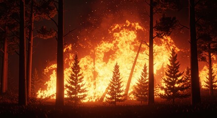 Raging Wildfire Inferno Devastating a Pine Forest at Night