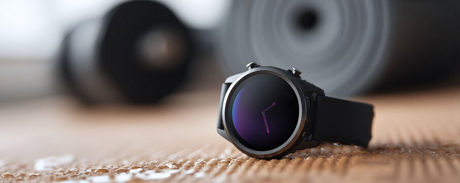 Sleek smartwatch on a textured surface with yoga mat backdrop. Modern tech meets wellness. Perfect for fitness, lifestyle, and digital health campaigns.