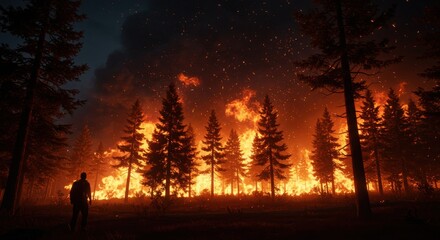 Silhouette of a Man Watching a Raging Forest Fire