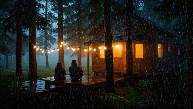 Cozy cabin in the woods on a rainy night with friends relaxing in nature getaway spot - Powered by Adobe