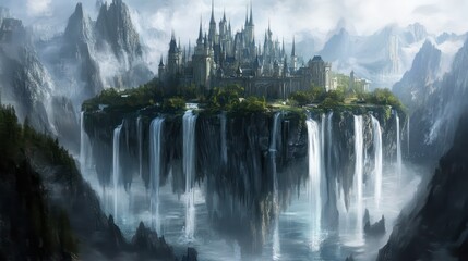 Majestic Fantasy Castle Perched Above Cascading Waterfalls in Mountainous Landscape
