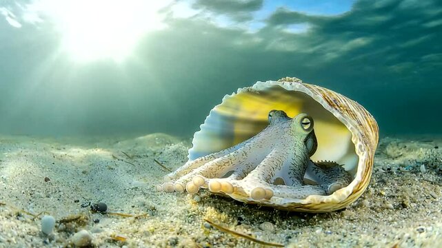 Octopus in a seashell underwater