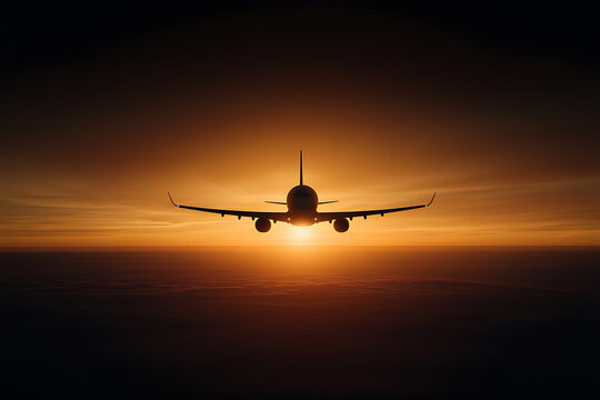 Airplane silhouette at sunset, sky illuminated with warm light, a serene journey into the horizon.