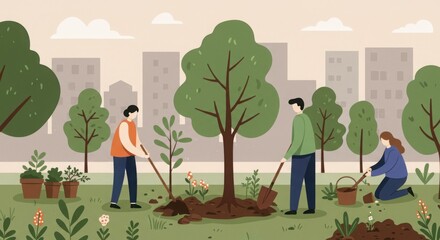 Volunteers Planting a Tree in a City Park - Community & Environment Concept