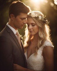 Couple embracing sunset golden hour.