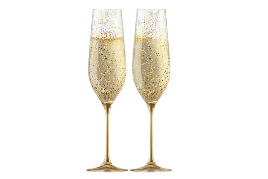 Two elegant champagne flutes with golden glitter, isolated on white transparent background
