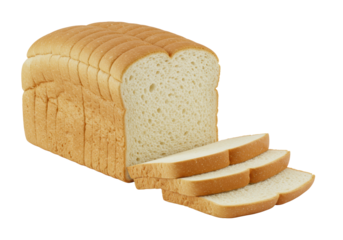 Freshly baked rectangular white sandwich bread with golden-brown crust, partially sliced with fanned soft, fluffy slices, isolated against a transparent background with diffused light, no shadows,