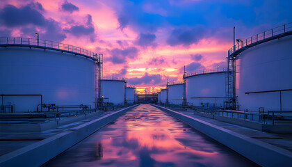 Fototapeta premium Hydrogen storage economy concept featuring industrial tanks lined up against serene sky backdrop. Clean energy infrastructure for gas