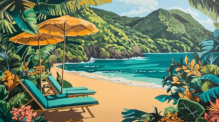 Naklejka premium Tropical Beach Scene Teal Loungers and Yellow Umbrellas, Beach Art, Tropical Landscape Beach, Vacation