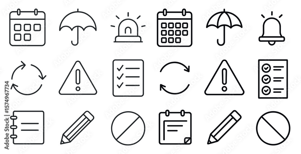 Poster set of icons for a calendar, including a red circle with a line through it, a red square with a line