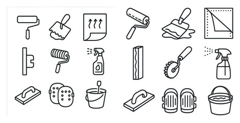 Set of tools and supplies for home improvement. The tools include a paint roller, a paintbrush, a putty knife, a bucket, and a spray bottle. The supplies include a roll of paper, a roll of tape