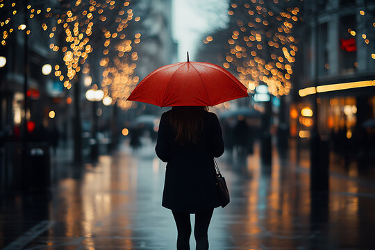 Rainy city street: A woman shelters under a vibrant red umbrella, her back turned, walking on the wet pavement reflecting city lights, creating a serene scene. - Powered by Adobe