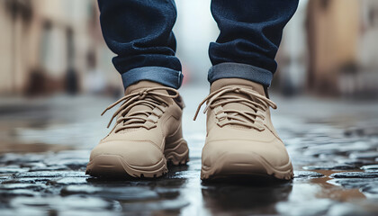 Stylish beige leather hiking sneakers for women. These urban footwear feature a chunky sole and lace-up design for comfortable outdoor