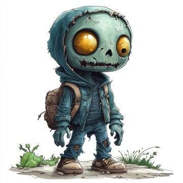 recommend clip art: Zombie with green eyes and a backpack on his back, isolated on white. Zombie Isolated on white. Zombie 2d illustration. Halloween. Halloween Concept Cut-out Sticker.