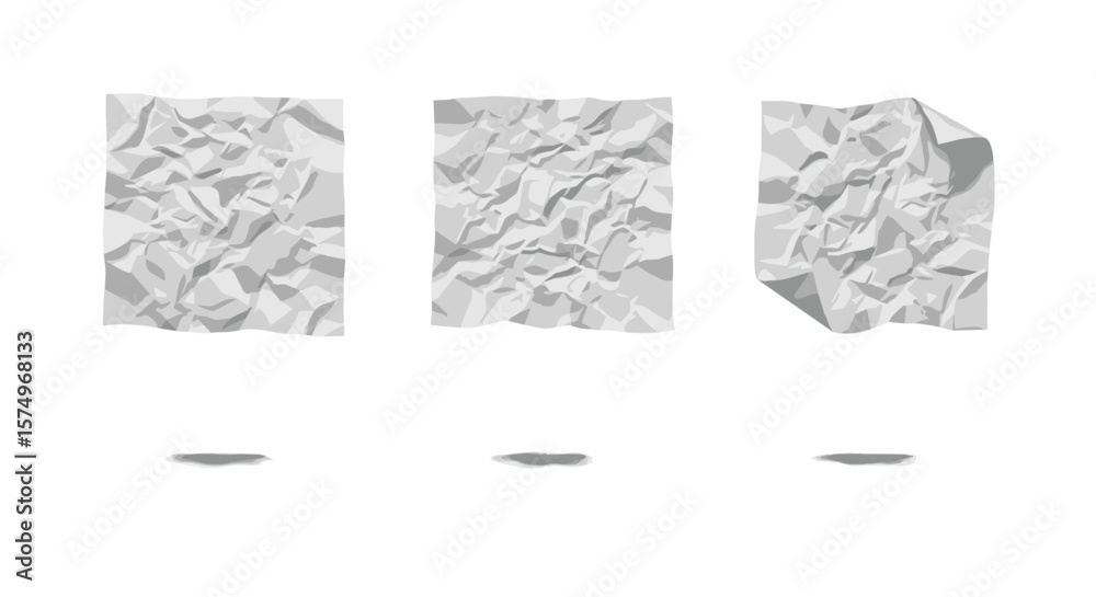 Poster three crumpled sheets of white paper with shadows cast below them on a plain white background view
