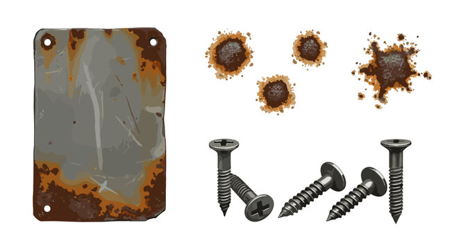 Illustration of a rusted metal plate with holes, rust spots, and four metal screws on a white background