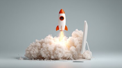 Rocket launching beside a monitor against a gray backdrop, representing business startup and technological advancement success.