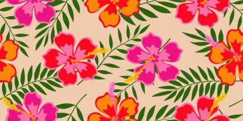 Fotobehang Tropische Bladeren Vintage hand drawn hibiscus flowers seamless patterns. retro exotic Tropical floral classic design for textiles, wallpaper, wrapping paper, fabric, fashion, background vector illustration  © Total maximals