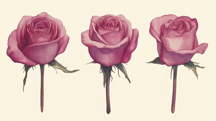 Watercolor Pink Rose Trio Botanical Illustration, Rose art, floral painting