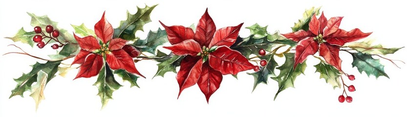 Watercolor Poinsettia and Holly Garland Christmas Floral Design, Holiday Decor,Winter Illustration Christmas, Watercolor