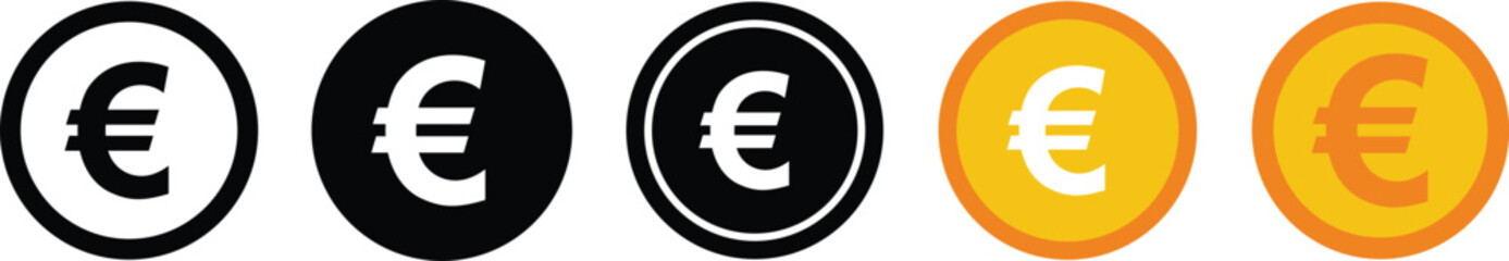 Set of euro currency icon symbol. Popular international currency sign isolated on transparent background. Euro money coins icon signs. Vector illustration.