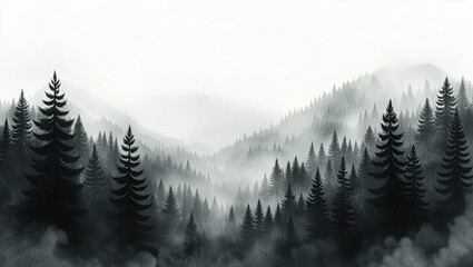 Minimalist monochrome foggy black forest watercolor illustration isolated
