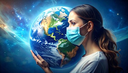 Woman in mask holds Earth (1)