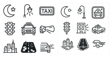 Collection of black and white icons for various aspects of city life, including traffic lights, taxis, and buildings © Valentyna