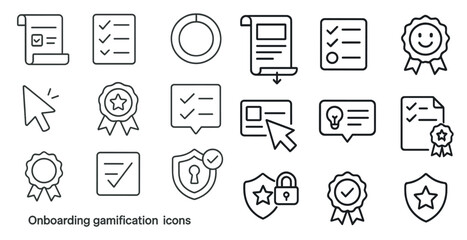 Set of icons for onboard gamification. The icons include a mouse, a star, a lock, a shield, and a smiley face