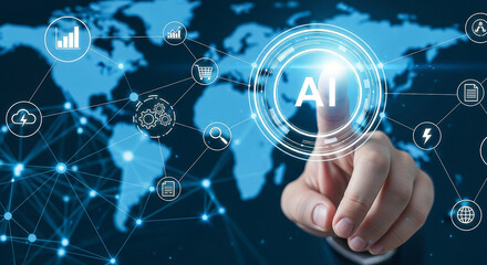 Artificial intelligence ai technology concept with world map background for innovation and machine learning