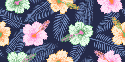 hand drawn exotic Hibiscus and Palm Leaf flowers Tropical pattern design for textiles, wallpaper, wrapping paper, fabric, fashion, background vector illustration