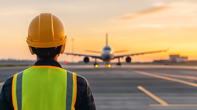 Airport worker overseeing aircraft. Safety and focus are key in this aviation environment. Ensuring smooth operations at the airport. - Powered by Adobe