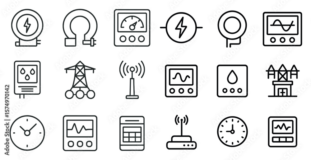 Fototapete Collection of icons for various electronic devices and appliances. The icons are all in black and white and are arranged in a grid. Scene is modern and minimalist