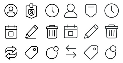 Set of icons for a calendar, trash can, and other items. The icons are all in black and white
