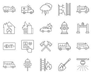 Emergency symbols and tools for firefighting in a vector icon set