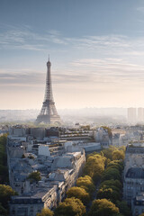 Obraz premium Iconic cityscape featuring the Eiffel Tower in the soft morning light. Evokes feelings of travel, romance, and culture. Perfect for travel blogs, postcards, and editorial use.