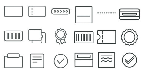 Set of icons for various items such as a ticket, a badge, a certificate, and a credit card