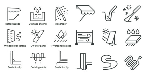 Set of icons for various home improvement tasks. The icons include a window screen, UV filter panel, ice scraper, retractable awning, and more
