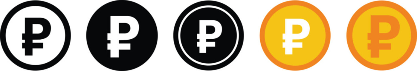 Set of ruble currency icon symbol. Popular international currency sign isolated on transparent background. Ruble money coins icon signs. Vector illustration.