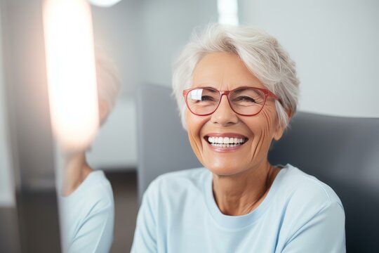 Portrait of a cheerful senior woman wearing red glasses and smiling, reflecting confidence and happiness in old age