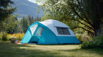 Blue and white tent pitched on green grass, symbolizing outdoor adventure and relaxation. Mountains in the background. Ideal for travel or vacation themes.
