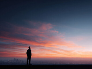 Fototapeta premium A man in a suit gazes over a cityscape at sunset. Symbolizes ambition, vision, and success. Ideal for business, leadership, and inspirational content. Dramatic sky.