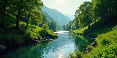 Obraz premium Serene river meanders through a lush green valley, sunlight dappling the water's surface The tranquil scene evokes a sense of peace and natural, effortless movement , valley, vegetation, cascade