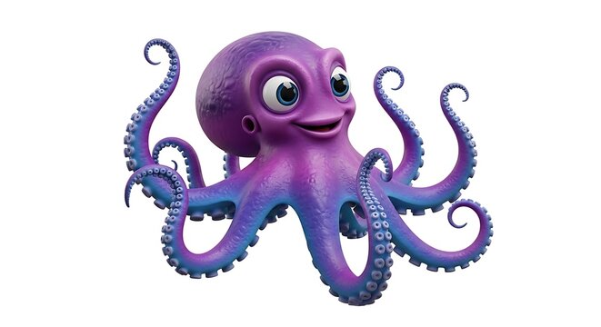 A charming purple and blue cartoon octopus character with a friendly smile, rendered in 3D and isolated on a white background.