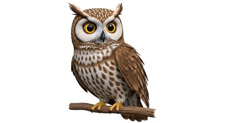 Fototapeta premium Cute Owl Illustration Perched on a Branch, Cartoon Owl with Detailed Feather Texture and Large Yellow Eyes