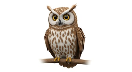 Cartoon Owl Perched on Branch with Big Eyes , Adorable Brown and White Owl Illustration on White Background
